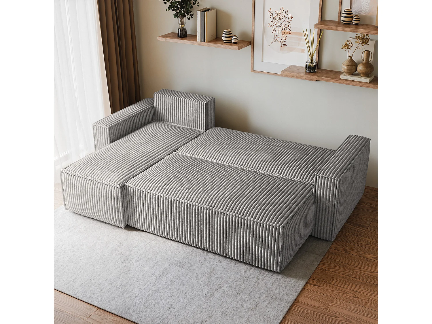 Canapé d'angle RAVELO Gris clair en velours côtelé avec fonction de couchage