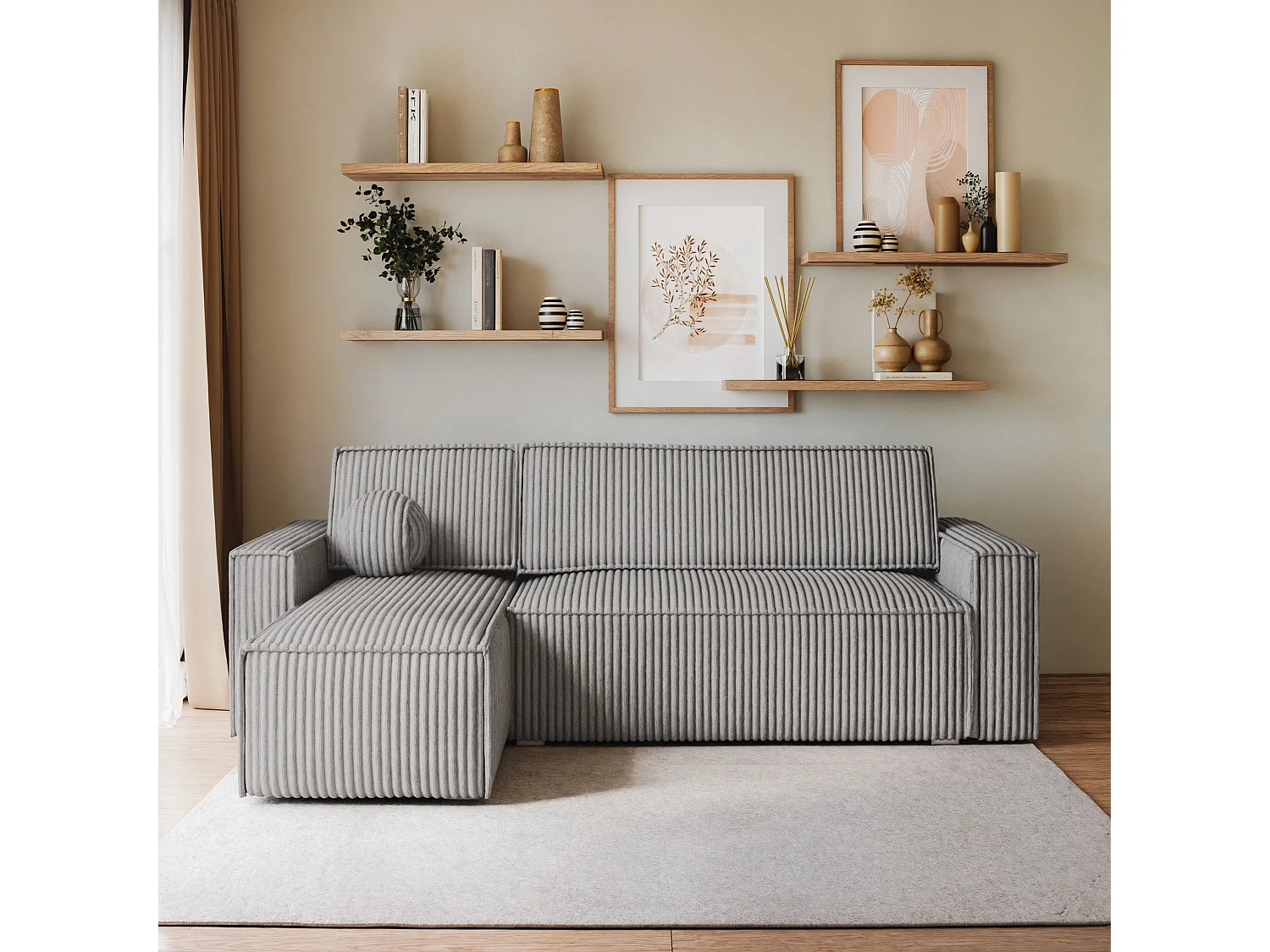 Canapé d'angle RAVELO Gris clair en velours côtelé avec fonction de couchage
