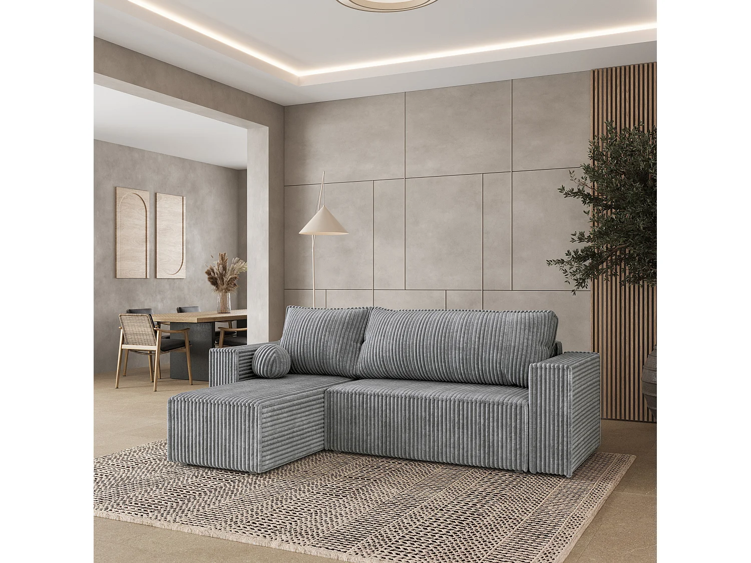 Canapé d'angle RAVELO Gris clair en velours côtelé avec fonction de couchage