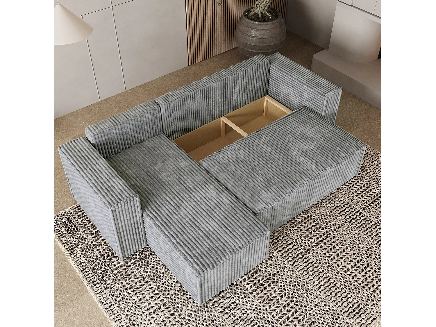 Canapé d'angle RAVELO Gris clair en velours côtelé avec fonction de couchage