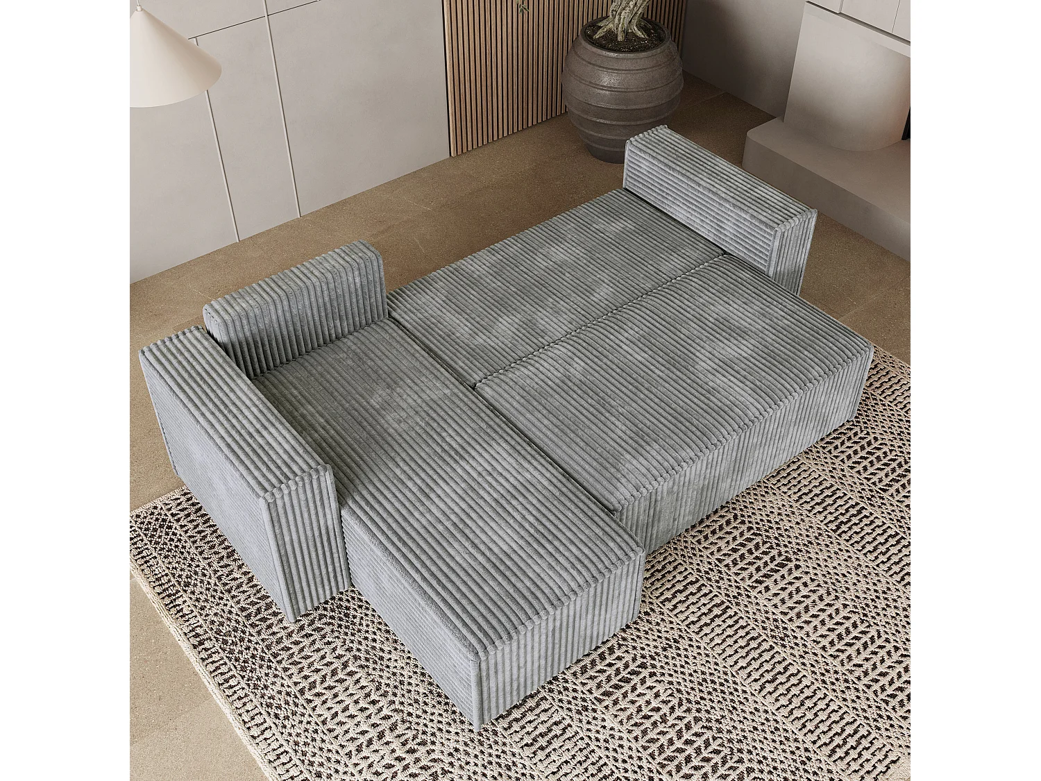 Canapé d'angle RAVELO Gris clair en velours côtelé avec fonction de couchage