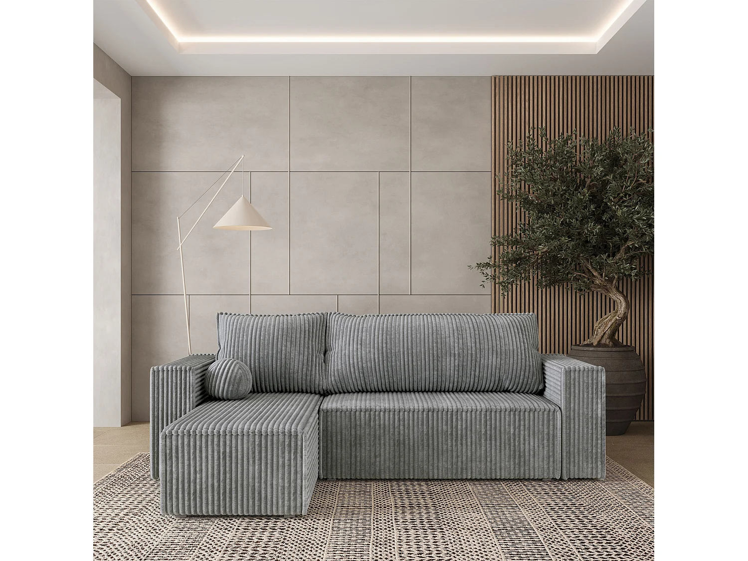 Canapé d'angle RAVELO Gris clair en velours côtelé avec fonction de couchage