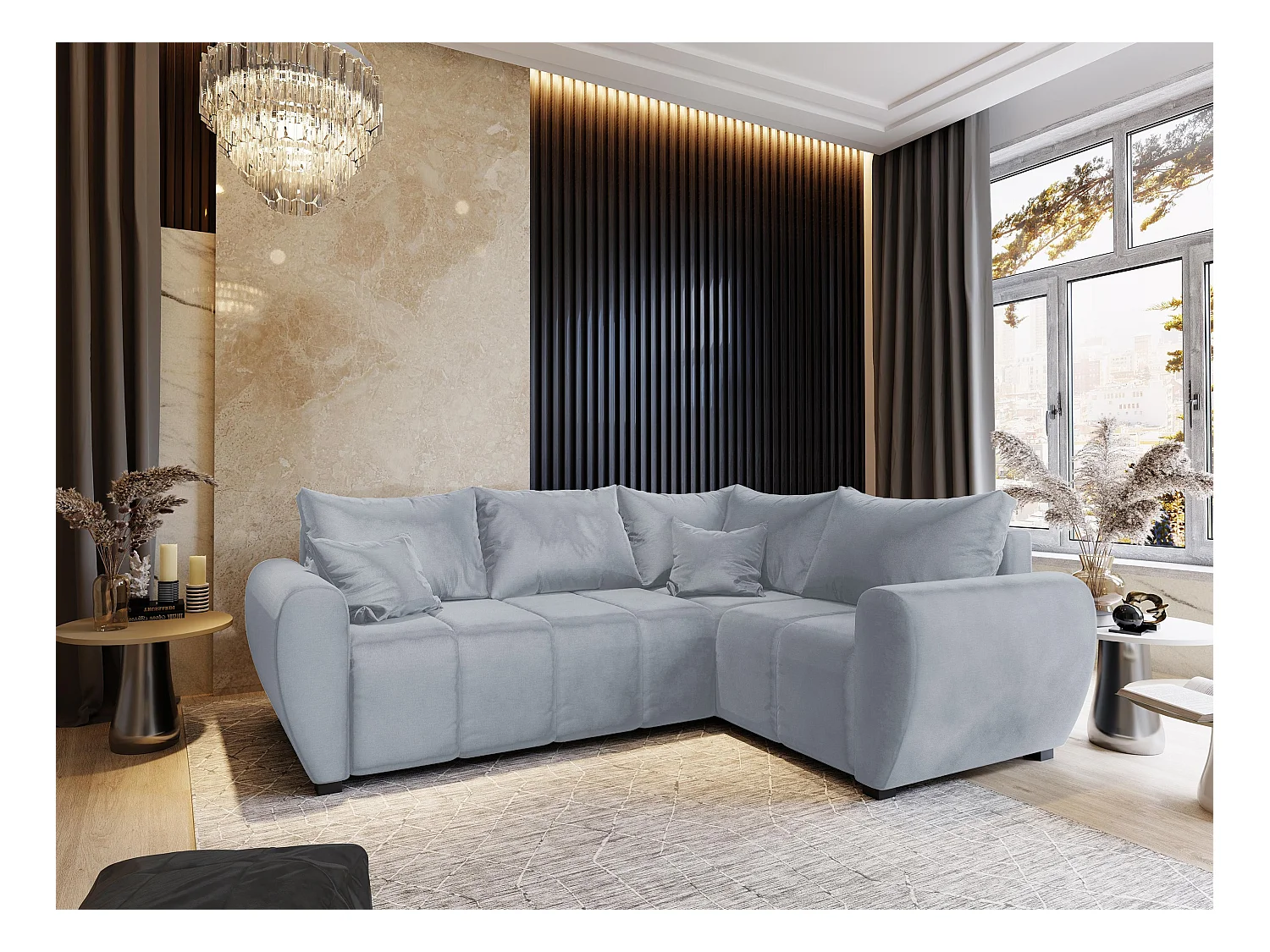 Canapé d'angle MADISON Gris clair en peluche avec fonction de couchage