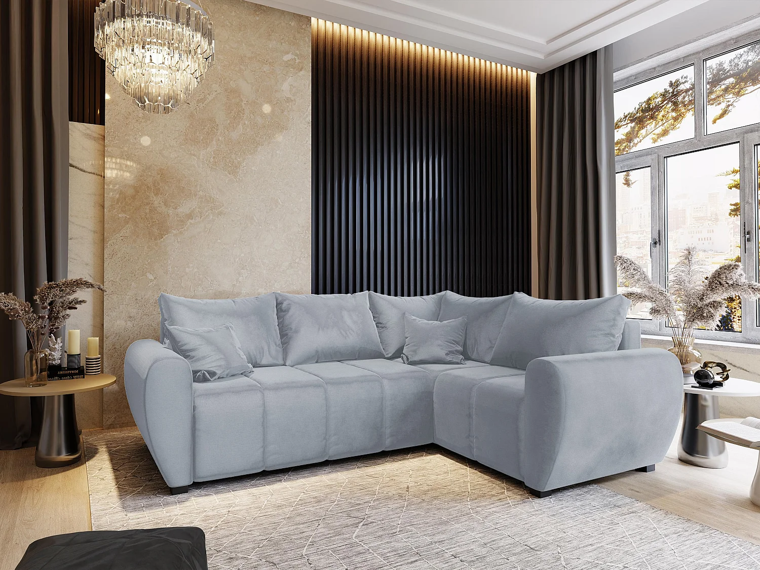 Hoekbank MADISON van fluweel met slaapfunctie Hellgrau