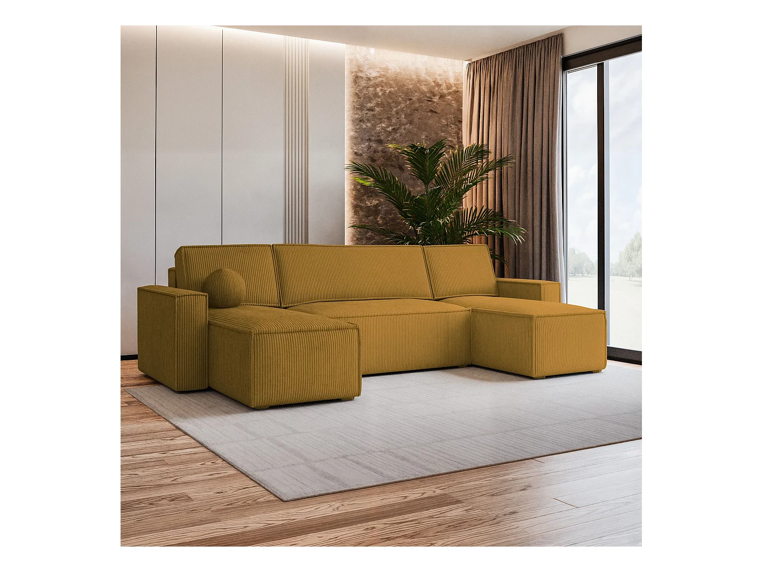 Canapé d'angle PESANO Jaune en velours côtelé avec fonction de couchage