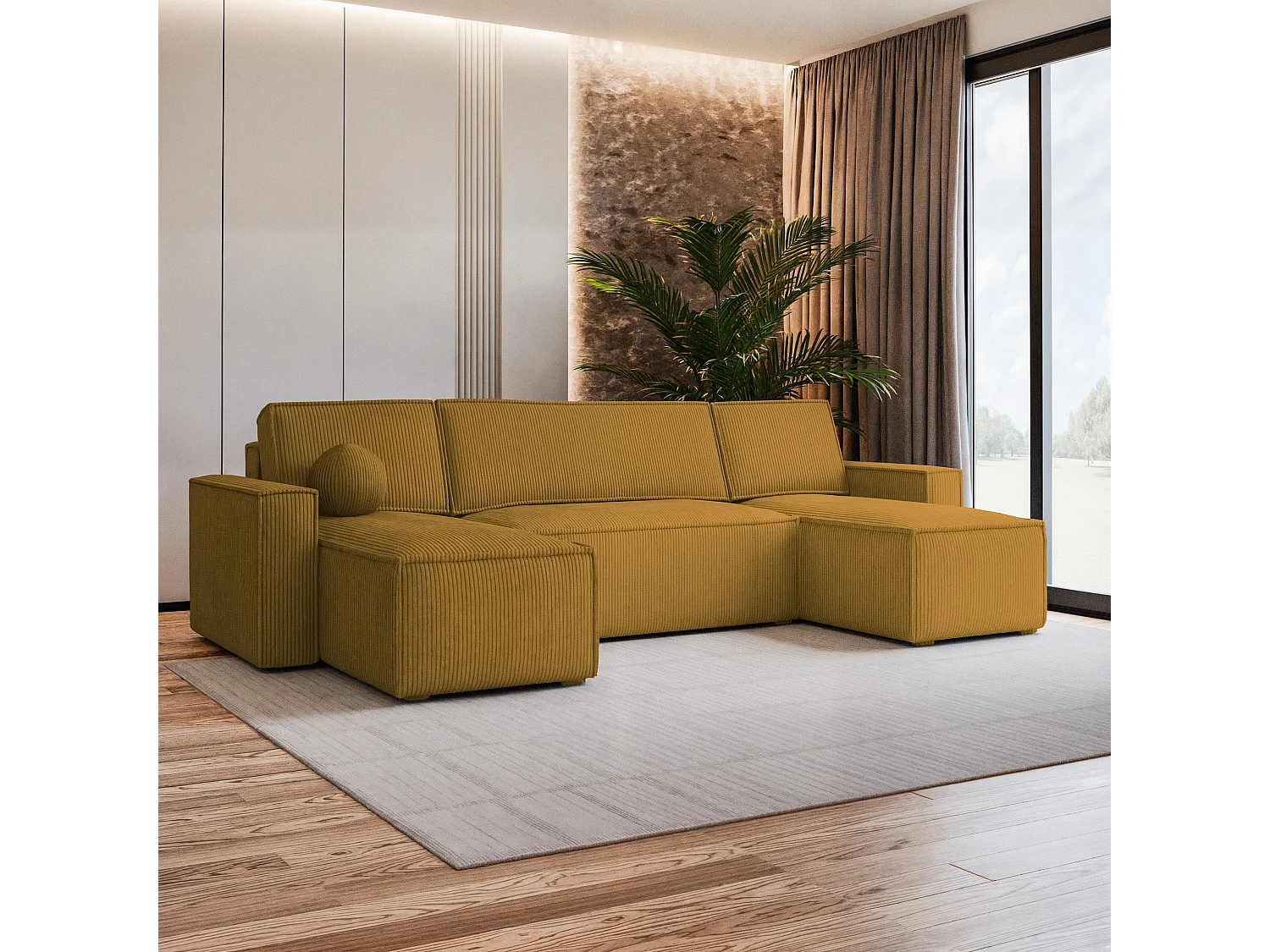 Canapé d'angle PESANO Jaune en velours côtelé avec fonction de couchage