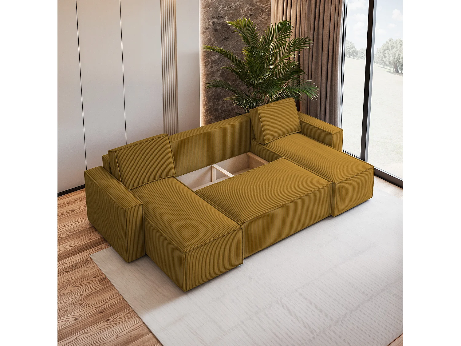 Canapé d'angle PESANO Jaune en velours côtelé avec fonction de couchage