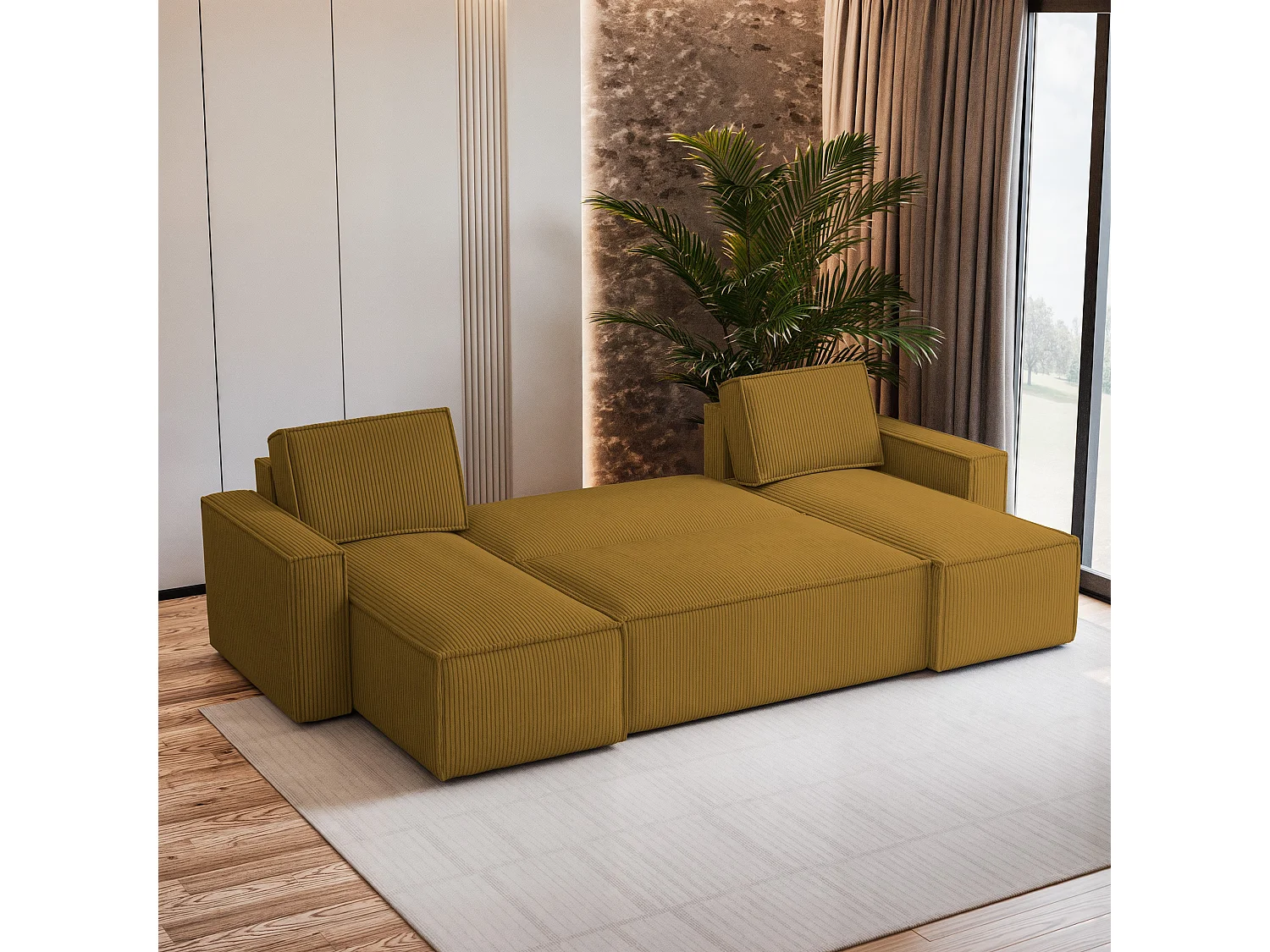 Canapé d'angle PESANO Jaune en velours côtelé avec fonction de couchage