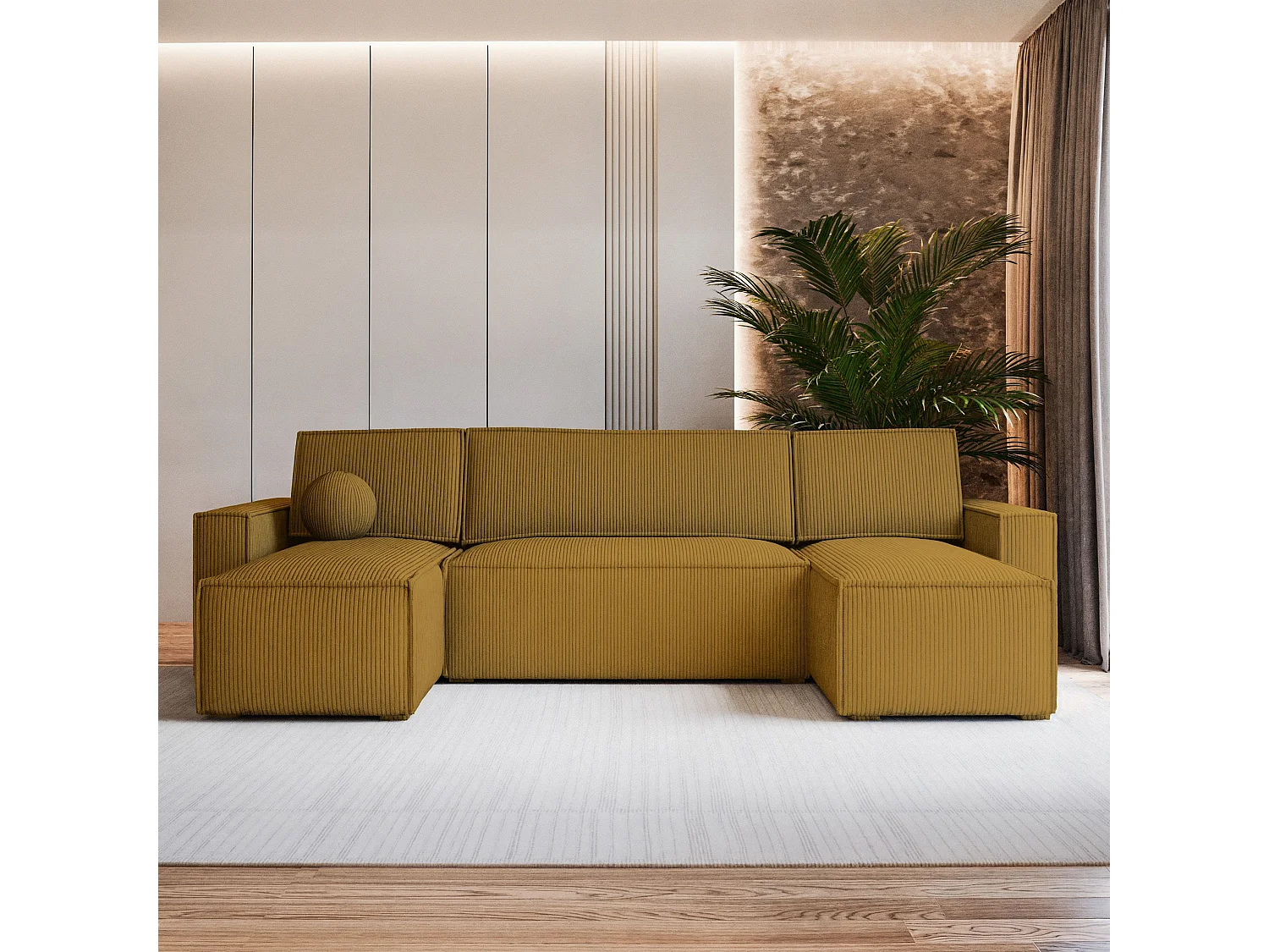 Canapé d'angle PESANO Jaune en velours côtelé avec fonction de couchage