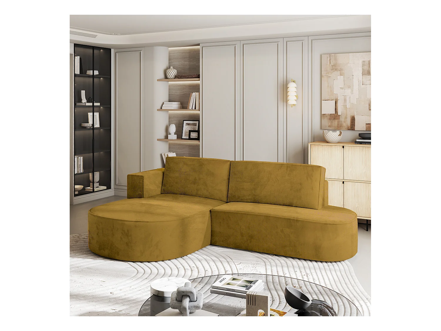 Canapé d'angle CORTIO Jaune en velours avec fonction de couchage
