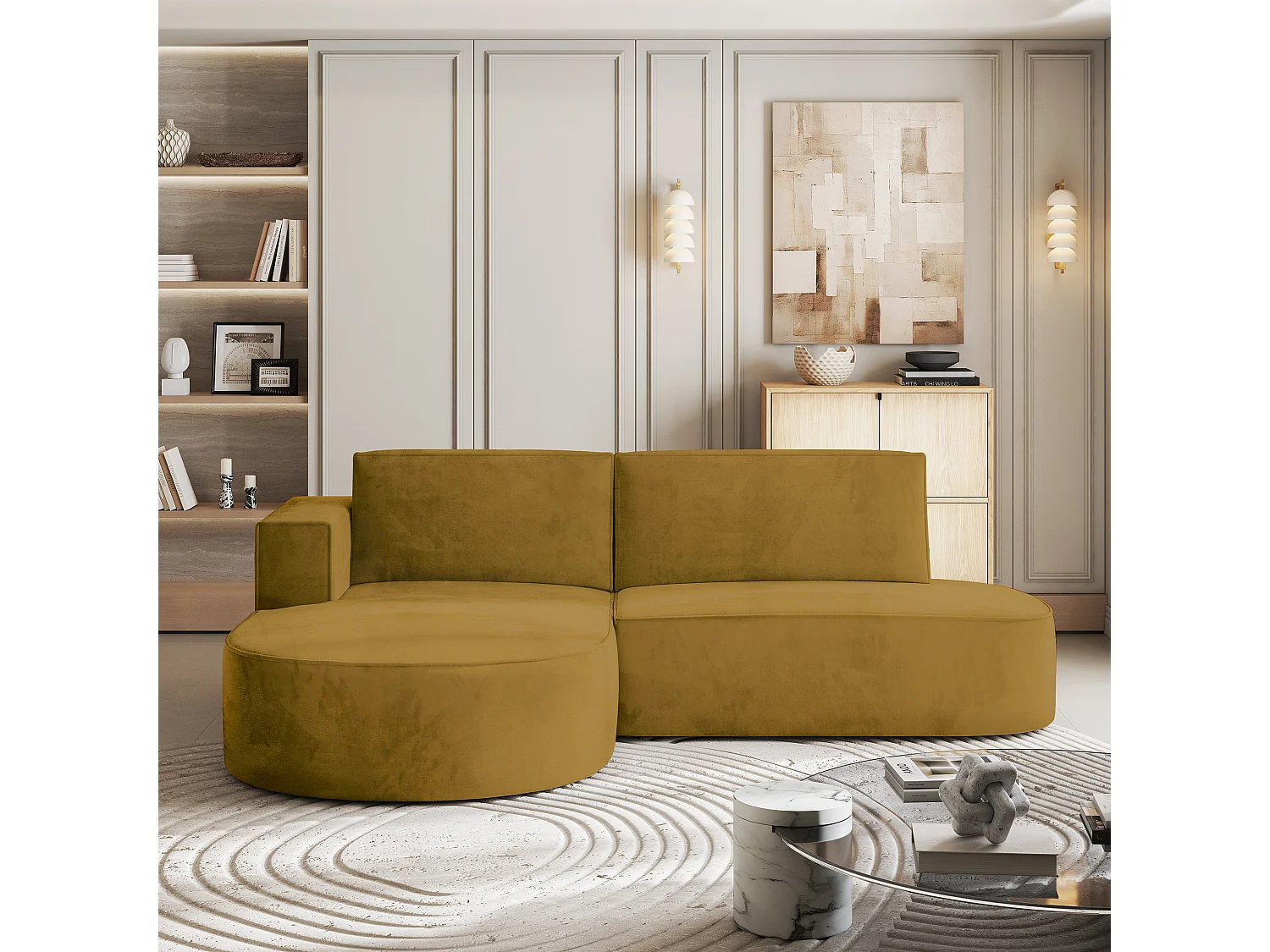 Canapé d'angle CORTIO Jaune en velours avec fonction de couchage