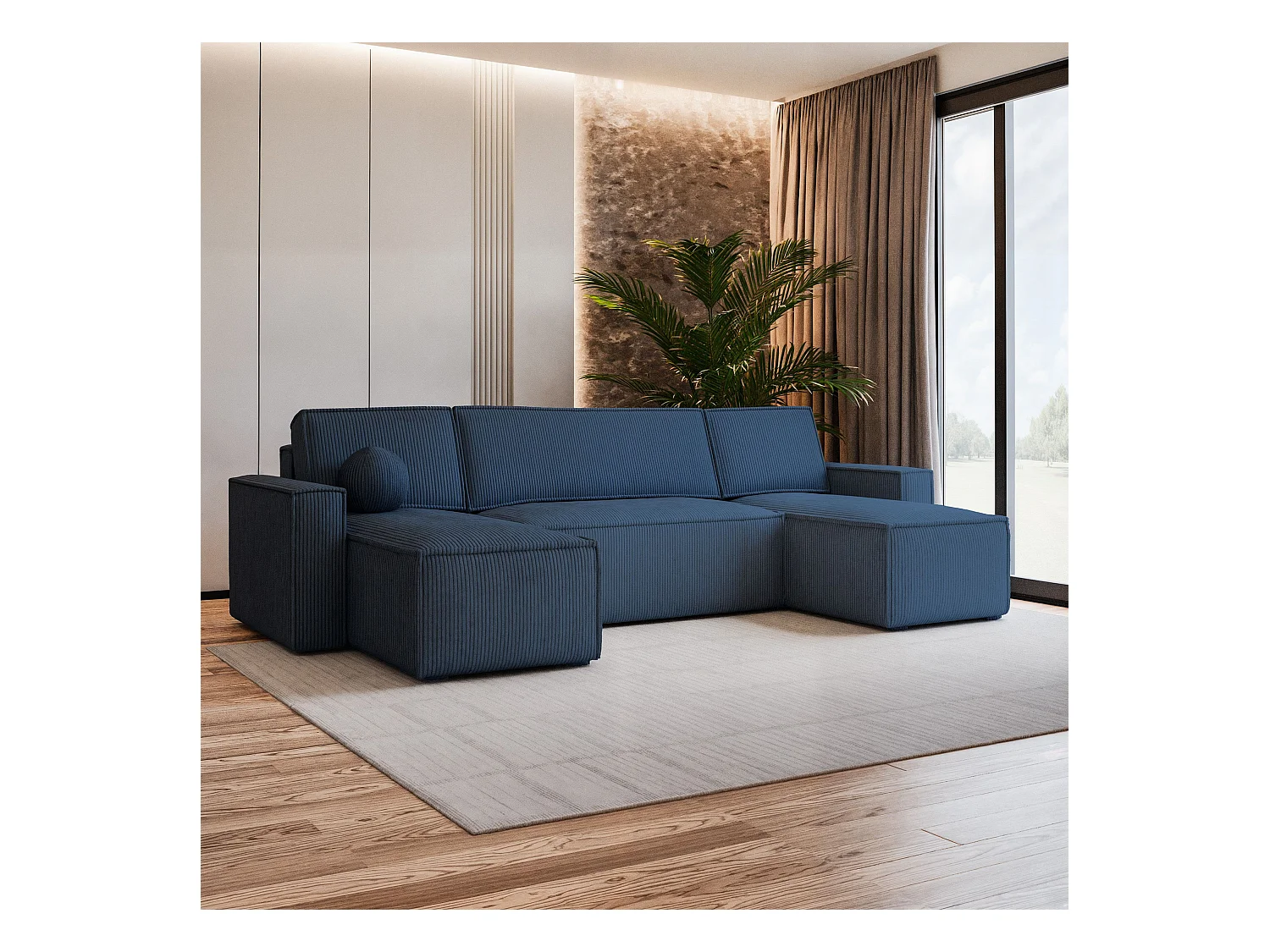 Canapé d'angle PESANO Bleu en velours côtelé avec fonction de couchage