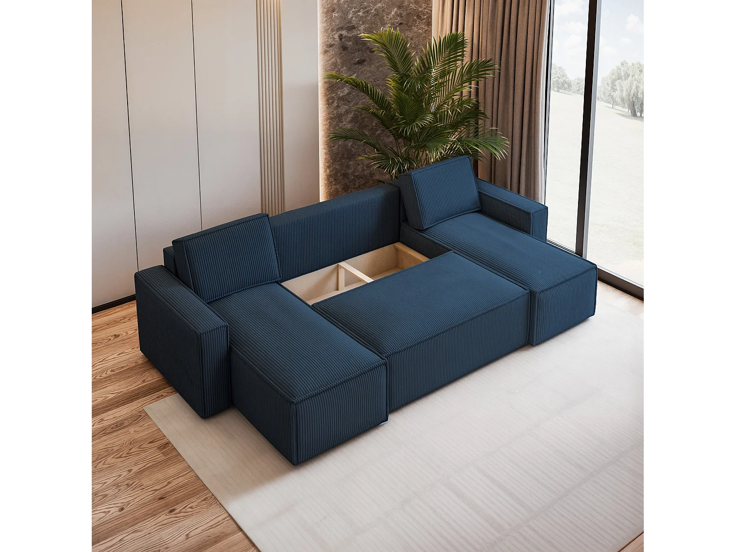 Canapé d'angle PESANO Bleu en velours côtelé avec fonction de couchage