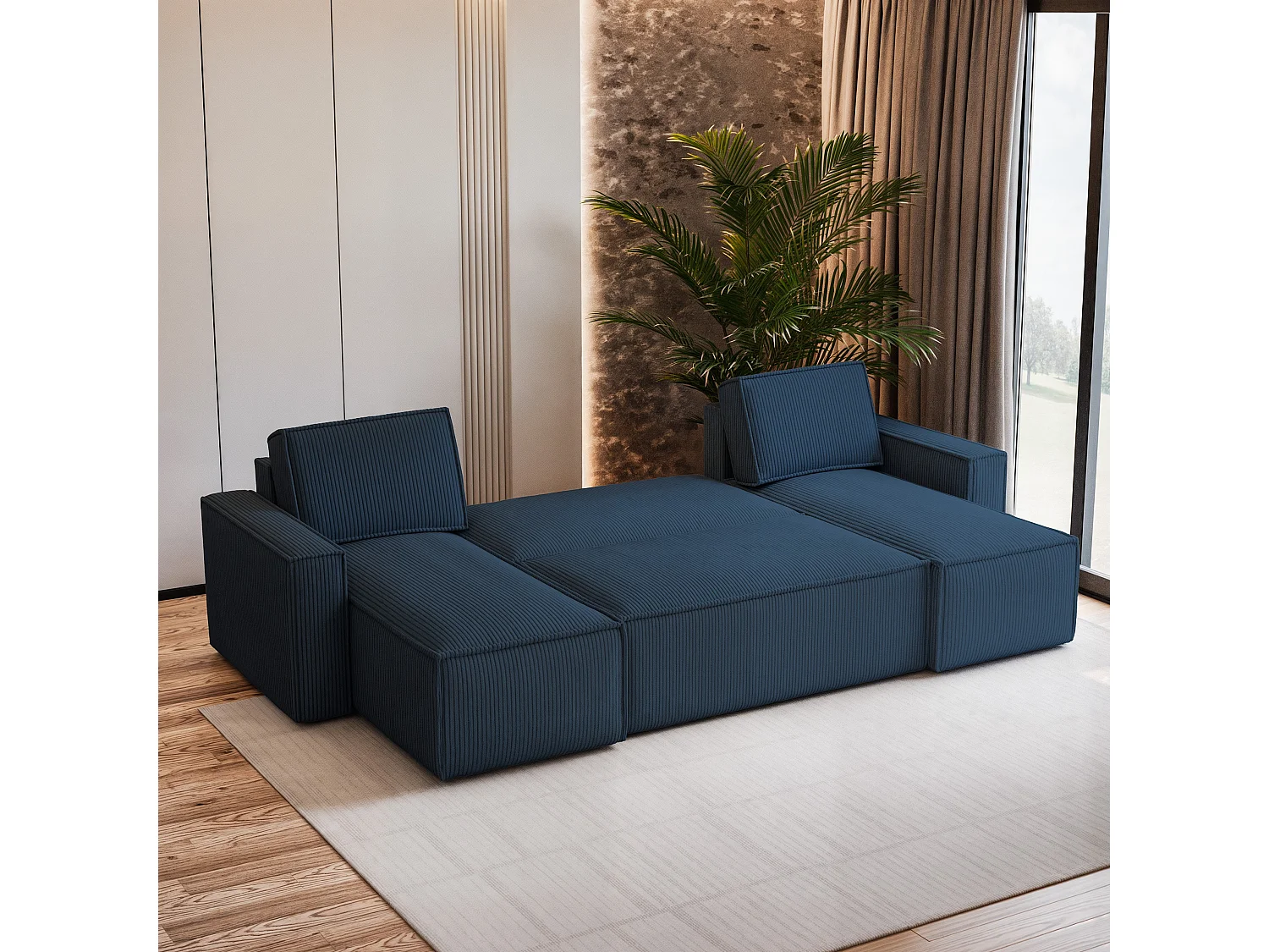 Canapé d'angle PESANO Bleu en velours côtelé avec fonction de couchage