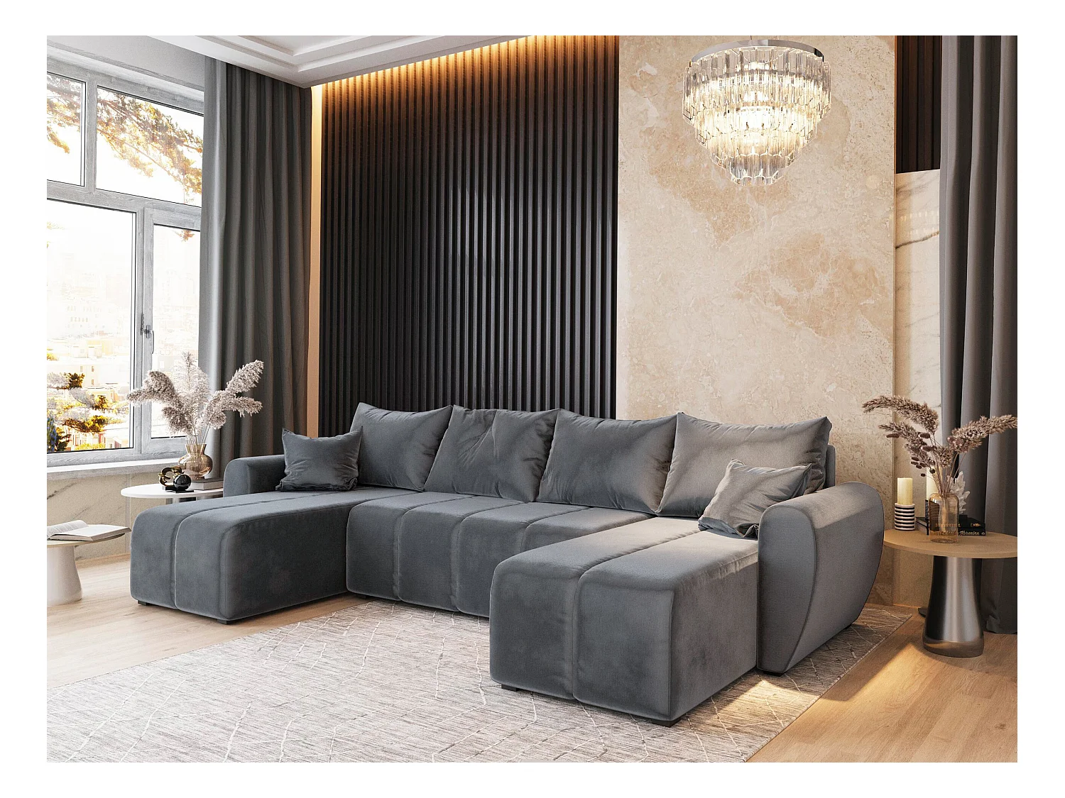 Canapé d'angle MADISON Gris en peluche avec fonction de couchage