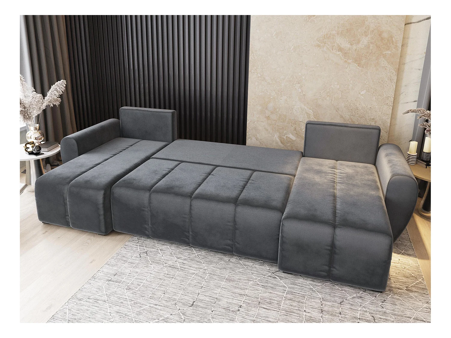 Canapé d'angle MADISON Gris en peluche avec fonction de couchage