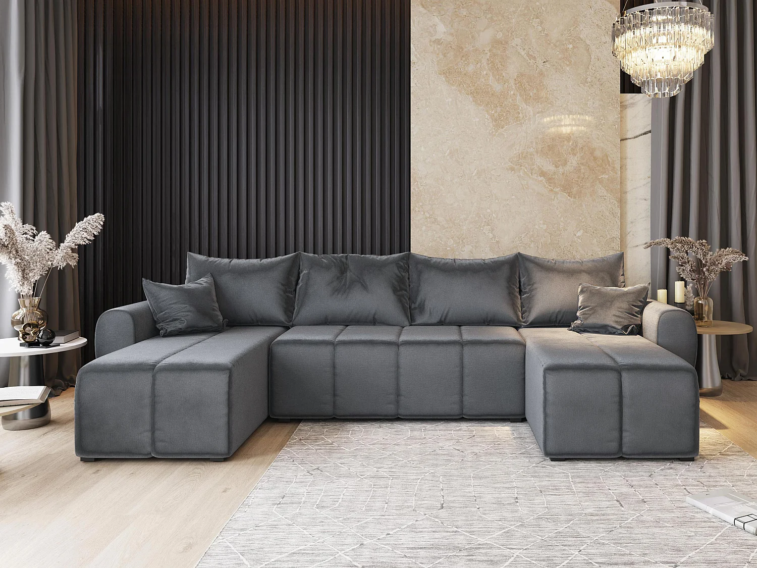 Canapé d'angle MADISON Gris en peluche avec fonction de couchage