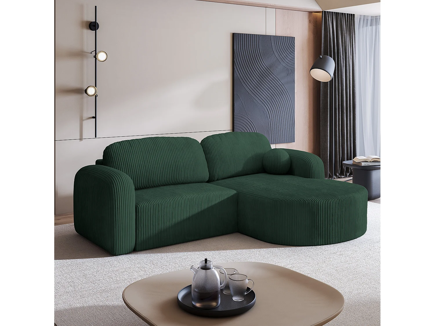 Canapé d'angle AMILIA Vert en velours côtelé avec fonction de couchage