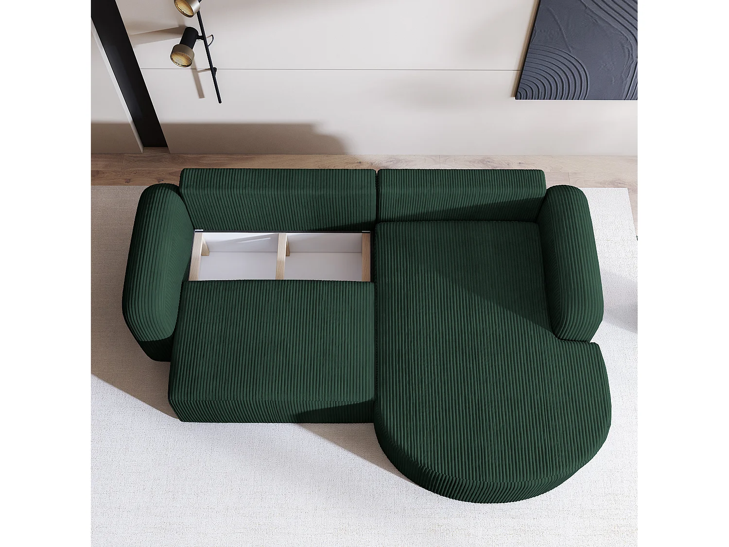 Canapé d'angle AMILIA Vert en velours côtelé avec fonction de couchage