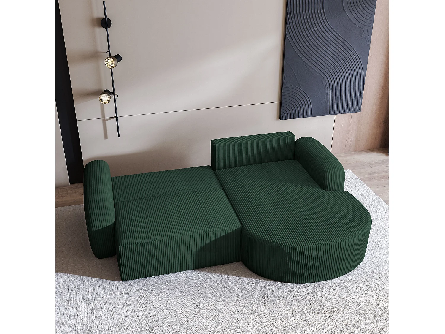 Canapé d'angle AMILIA Vert en velours côtelé avec fonction de couchage