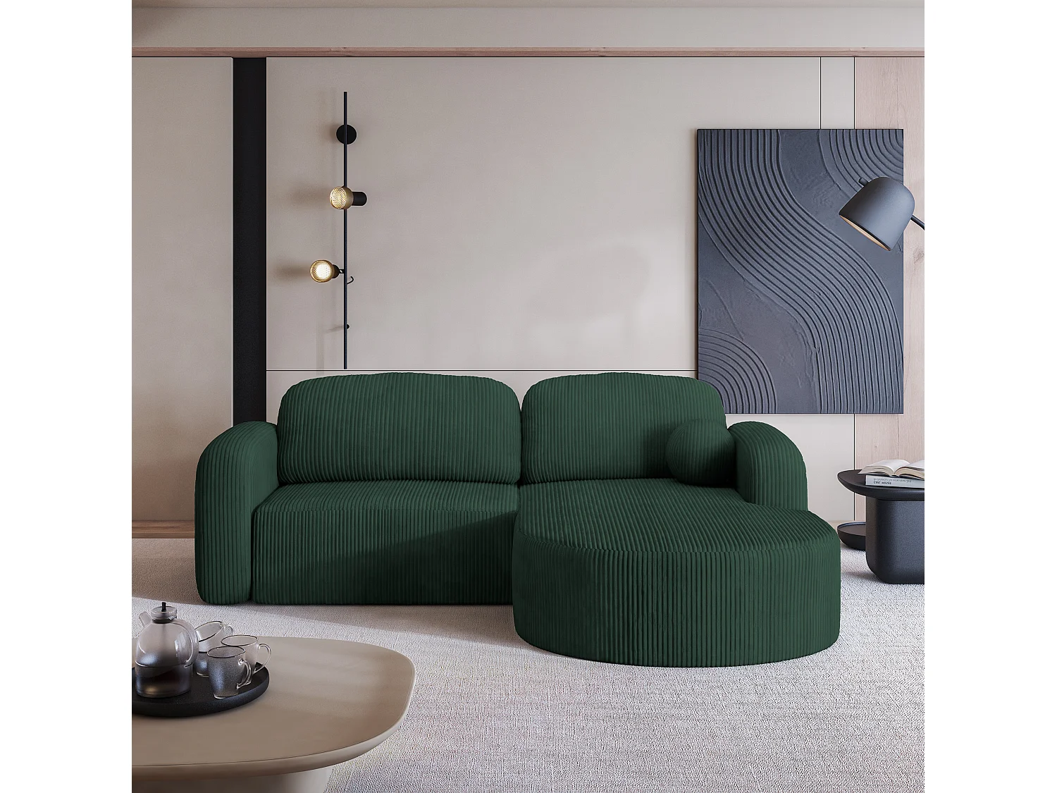 Canapé d'angle AMILIA Vert en velours côtelé avec fonction de couchage