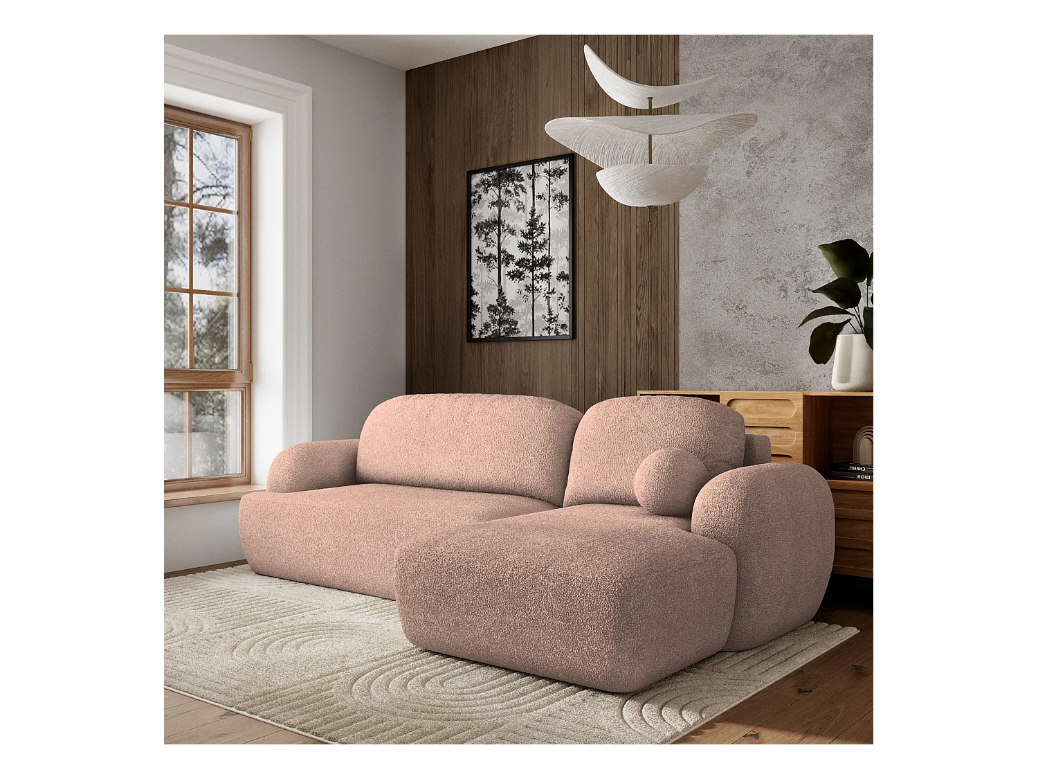 Canapé d'angle MODENZA Rose poudré en bouclé avec fonction de couchage