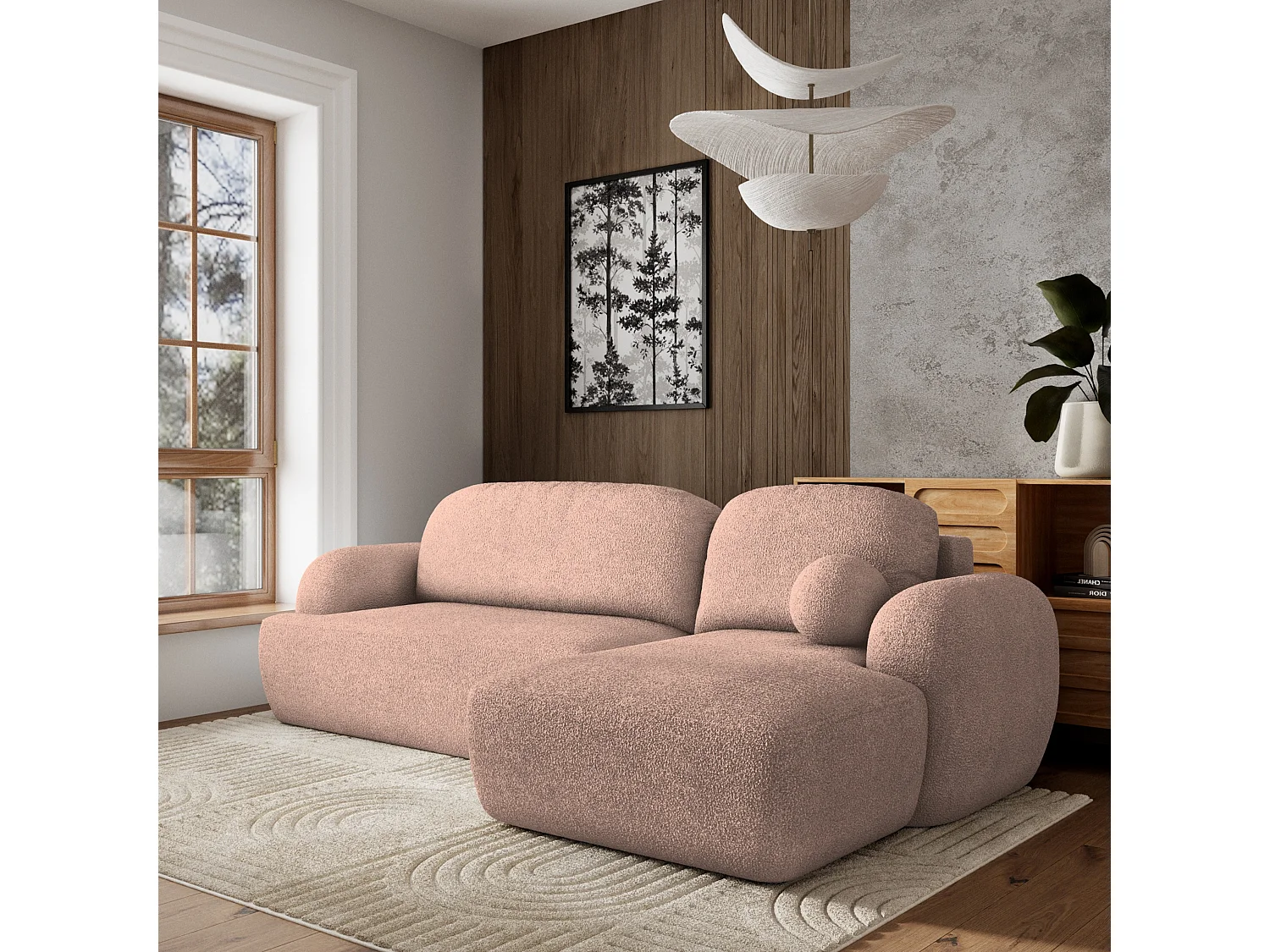 Canapé d'angle MODENZA Rose poudré en bouclé avec fonction de couchage