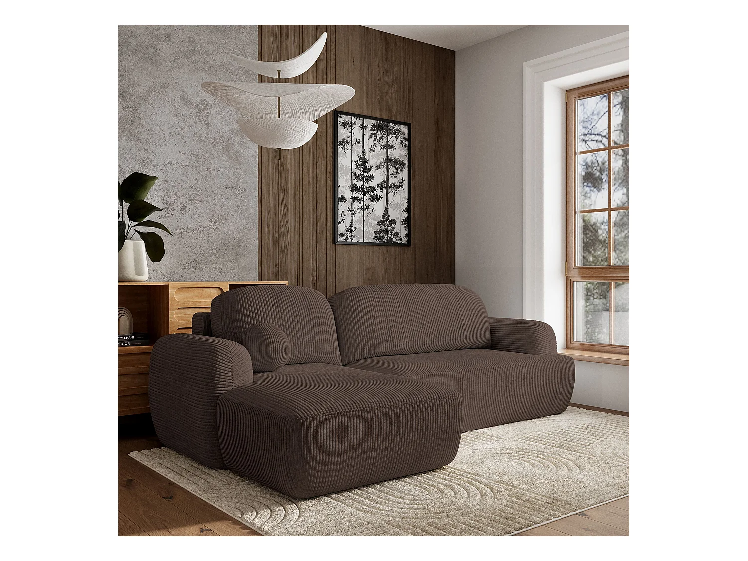 Canapé d'angle MODENZA Marron en velours côtelé avec fonction de couchage