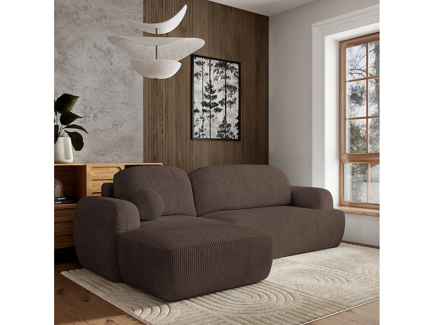 Canapé d'angle MODENZA Marron en velours côtelé avec fonction de couchage