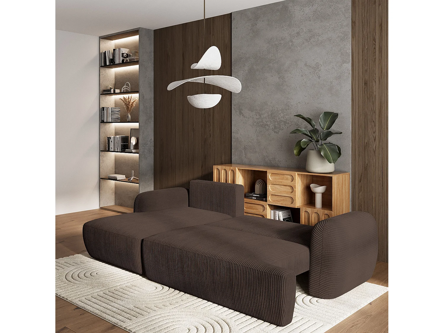 Canapé d'angle MODENZA Marron en velours côtelé avec fonction de couchage