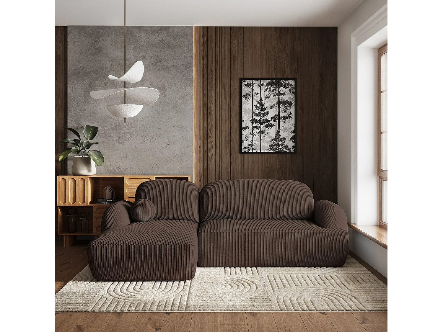 Canapé d'angle MODENZA Marron en velours côtelé avec fonction de couchage