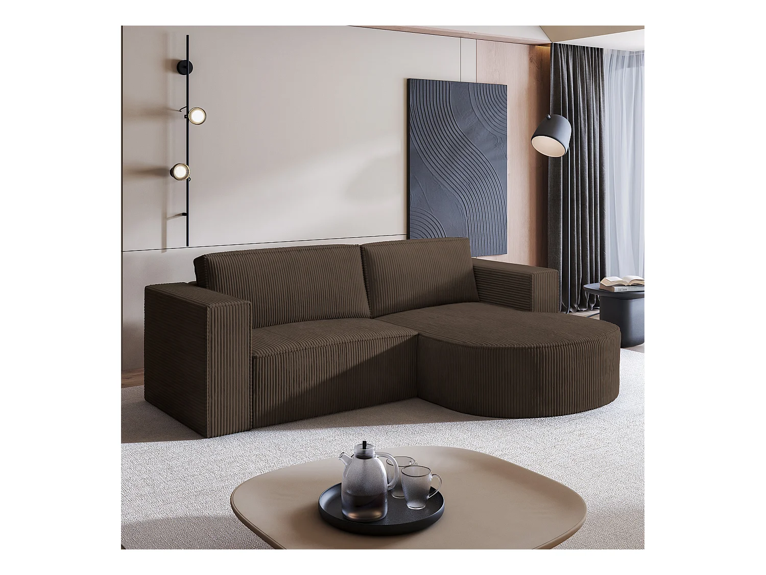 Canapé d'angle SORELA Marron en velours côtelé avec fonction de couchage