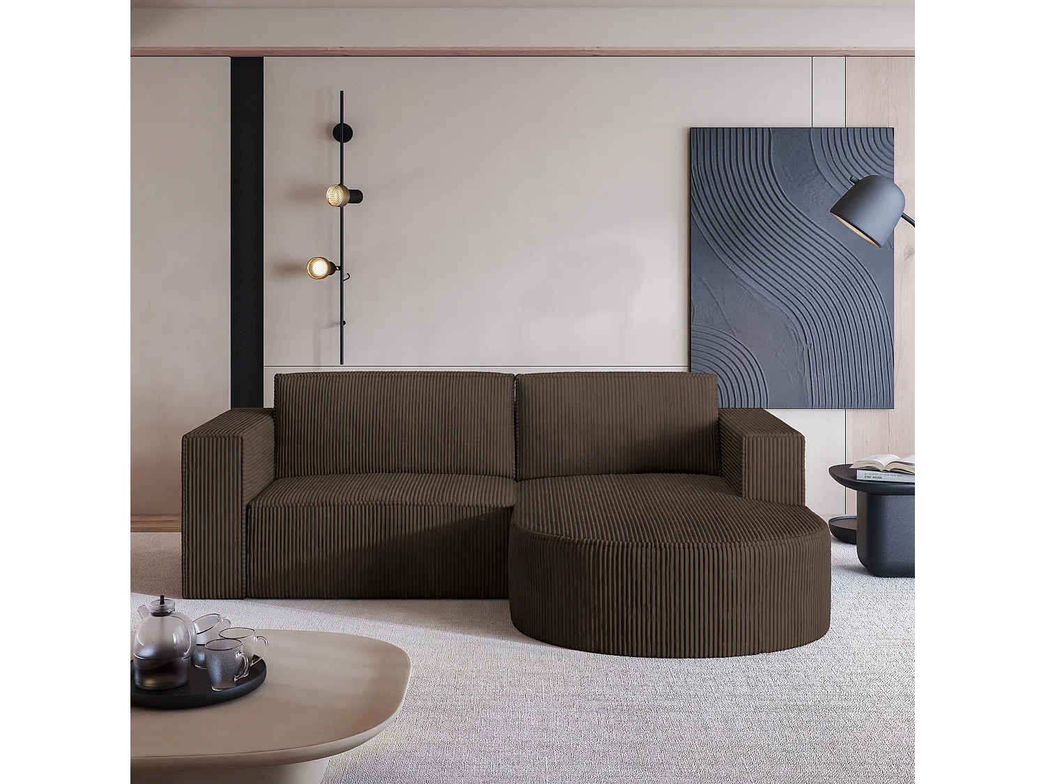 Canapé d'angle SORELA Marron en velours côtelé avec fonction de couchage