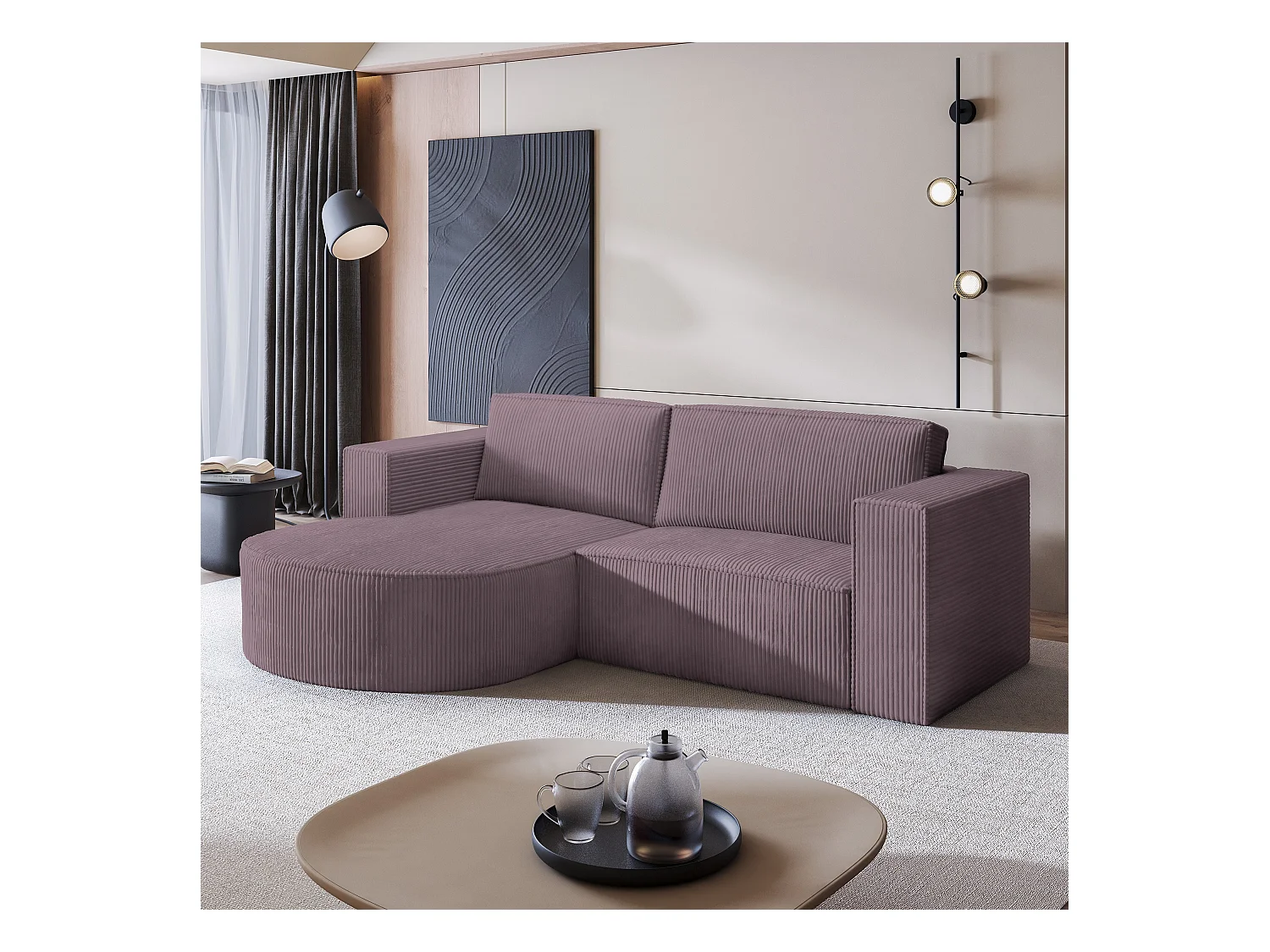 Canapé d'angle SORELA Parme en velours côtelé avec fonction de couchage