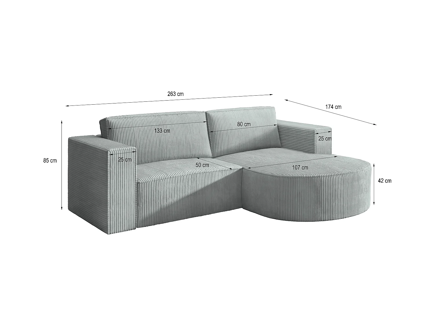 Canapé d'angle SORELA Parme en velours côtelé avec fonction de couchage