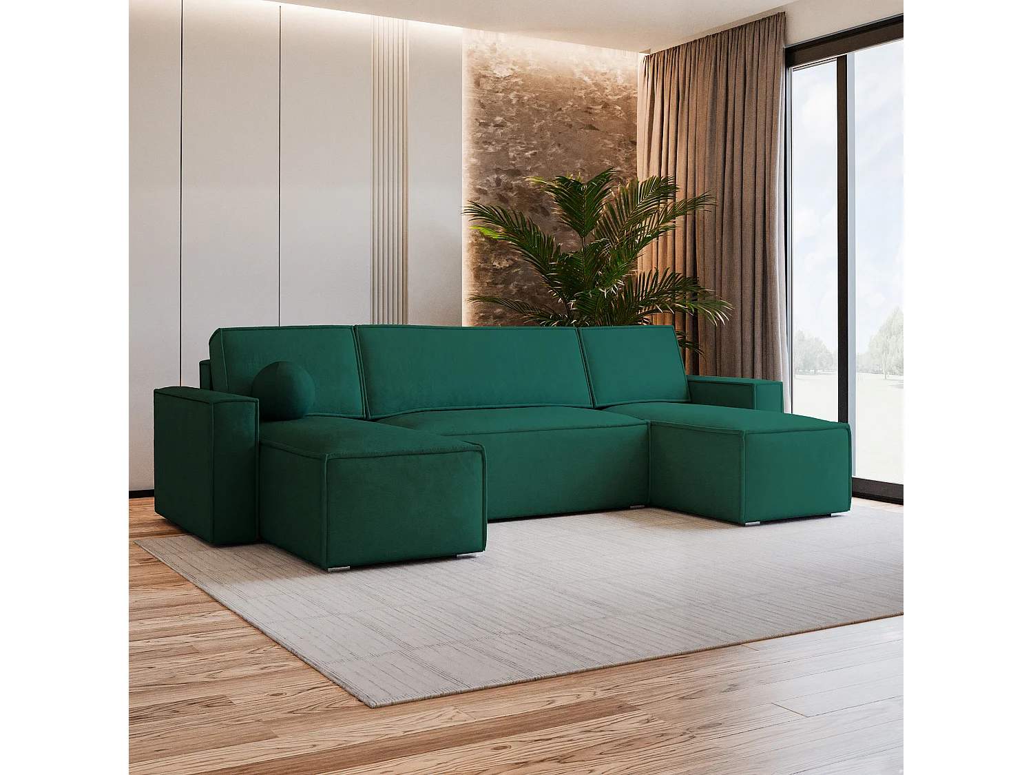 Canapé d'angle PESANO Vert Sapin en velours avec fonction de couchage