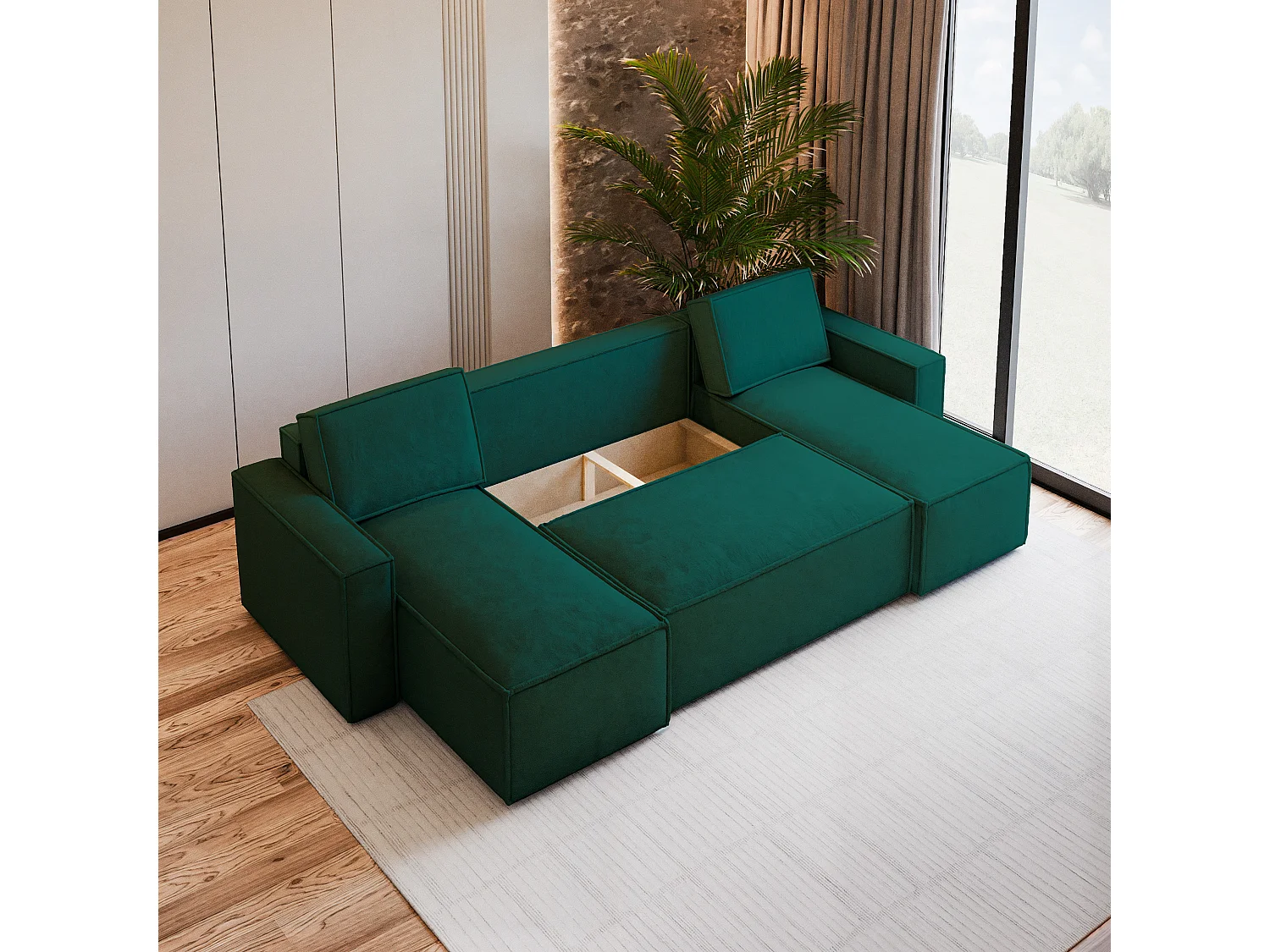 Canapé d'angle PESANO Vert Sapin en velours avec fonction de couchage