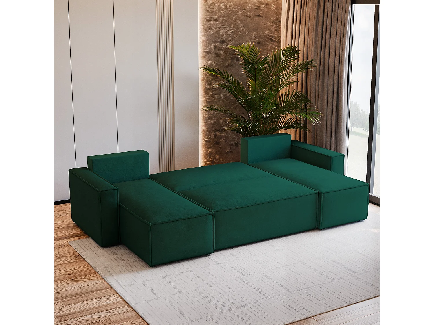 Canapé d'angle PESANO Vert Sapin en velours avec fonction de couchage