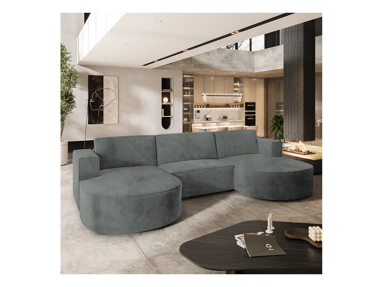 Canapé d'angle VEZZO Gris en velours avec fonction de couchage