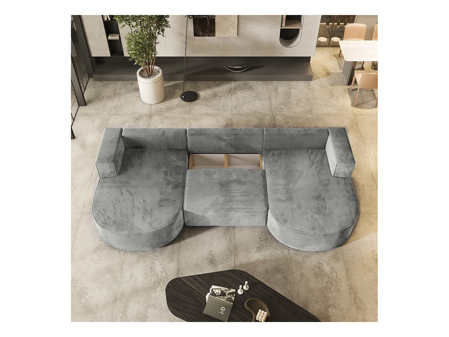 Canapé d'angle VEZZO Gris en velours avec fonction de couchage