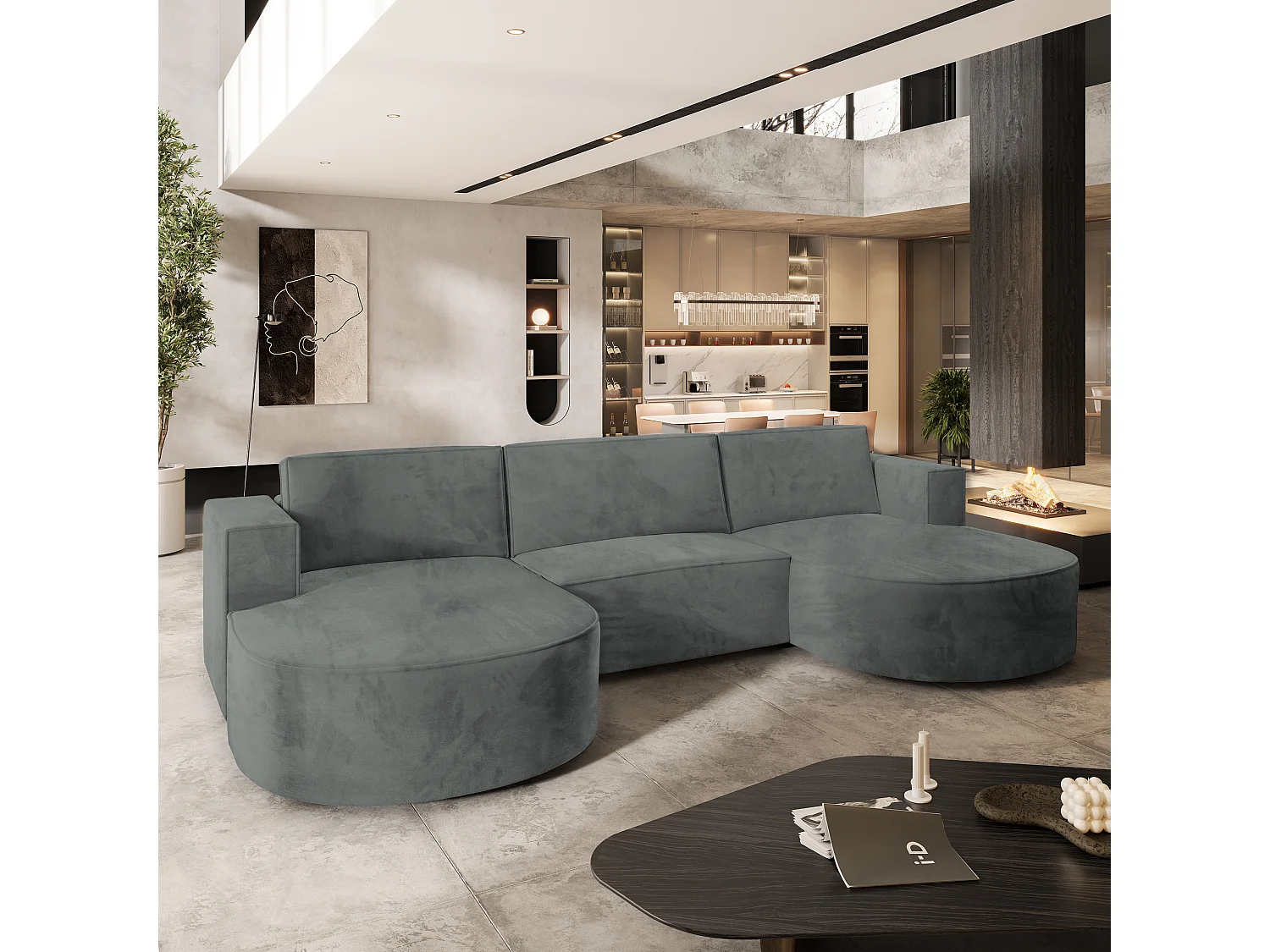 Canapé d'angle VEZZO Gris en velours avec fonction de couchage