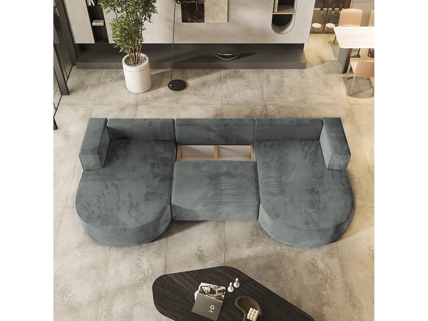 Canapé d'angle VEZZO Gris en velours avec fonction de couchage