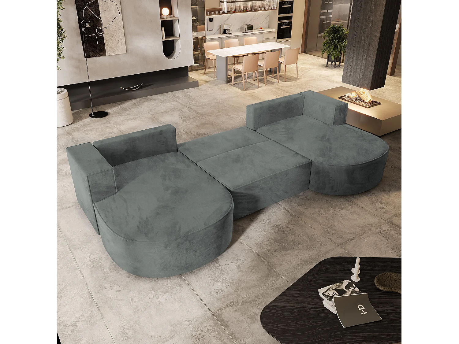 Canapé d'angle VEZZO Gris en velours avec fonction de couchage