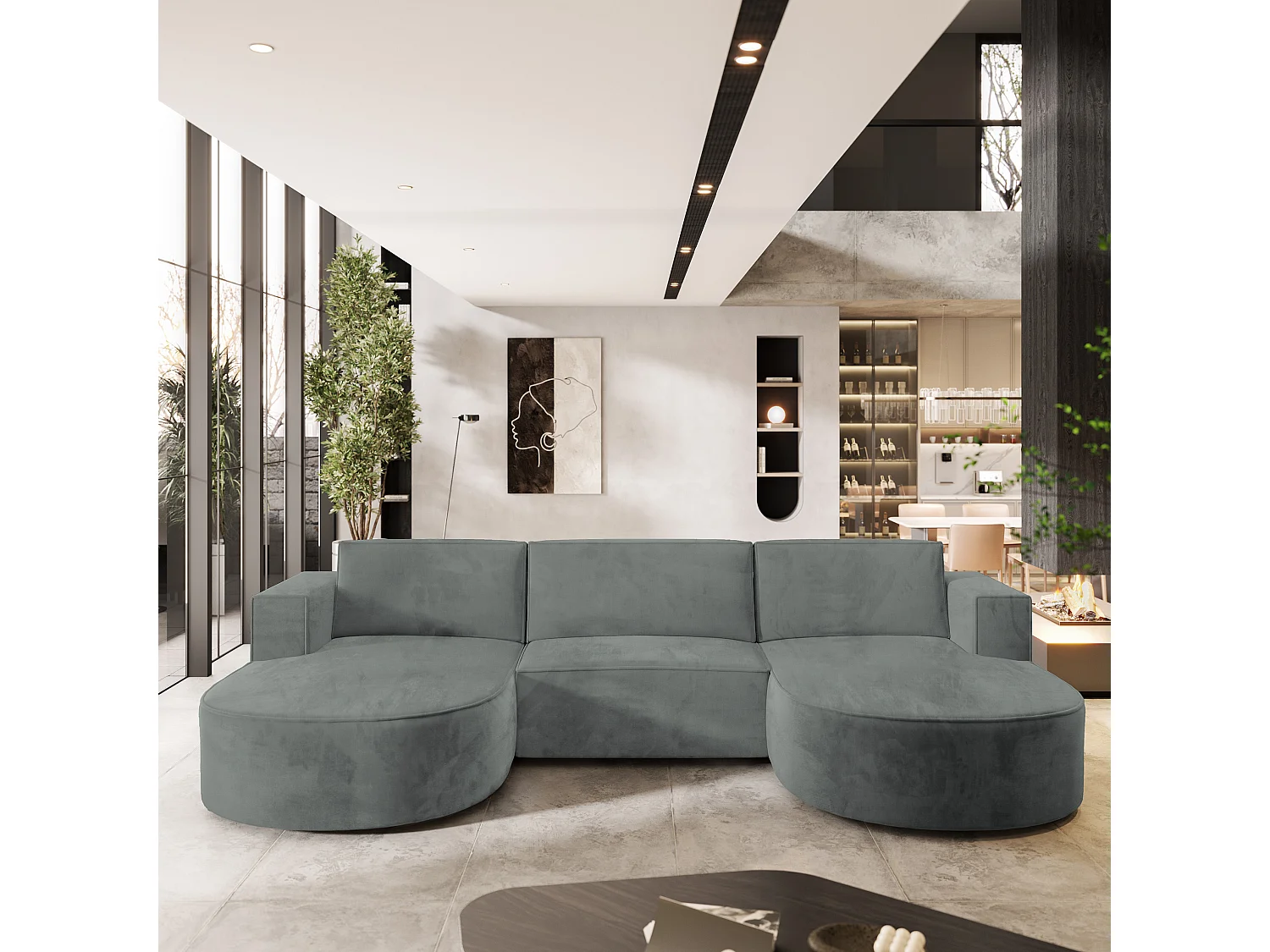 Canapé d'angle VEZZO Gris en velours avec fonction de couchage