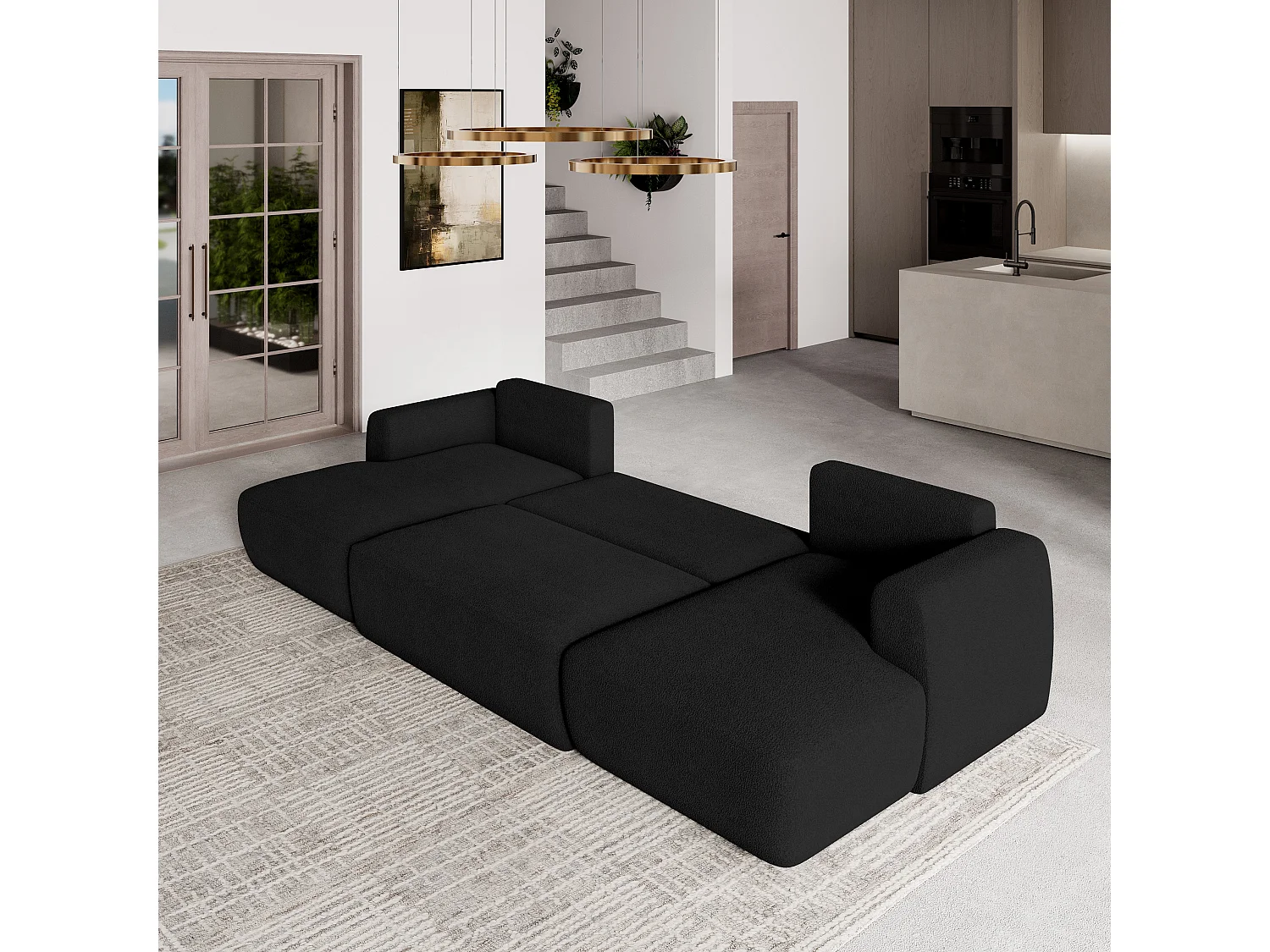 Canapé d'angle SENTUM Noir en bouclé avec fonction de couchage