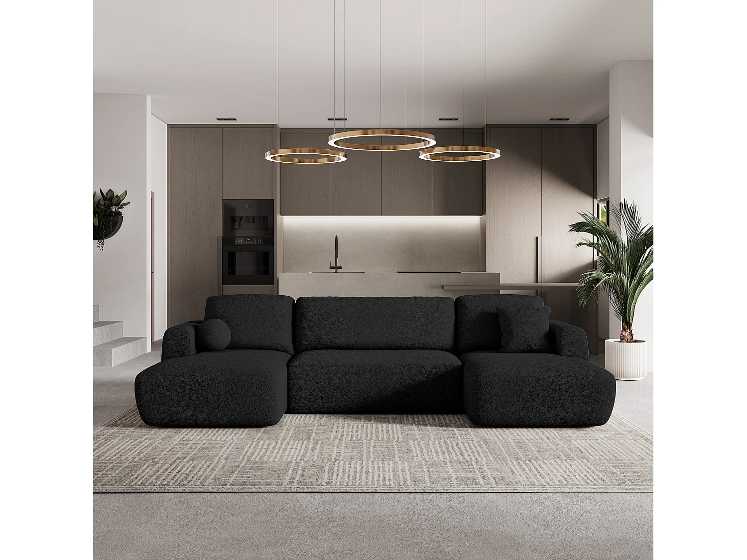 Canapé d'angle SENTUM Noir en bouclé avec fonction de couchage