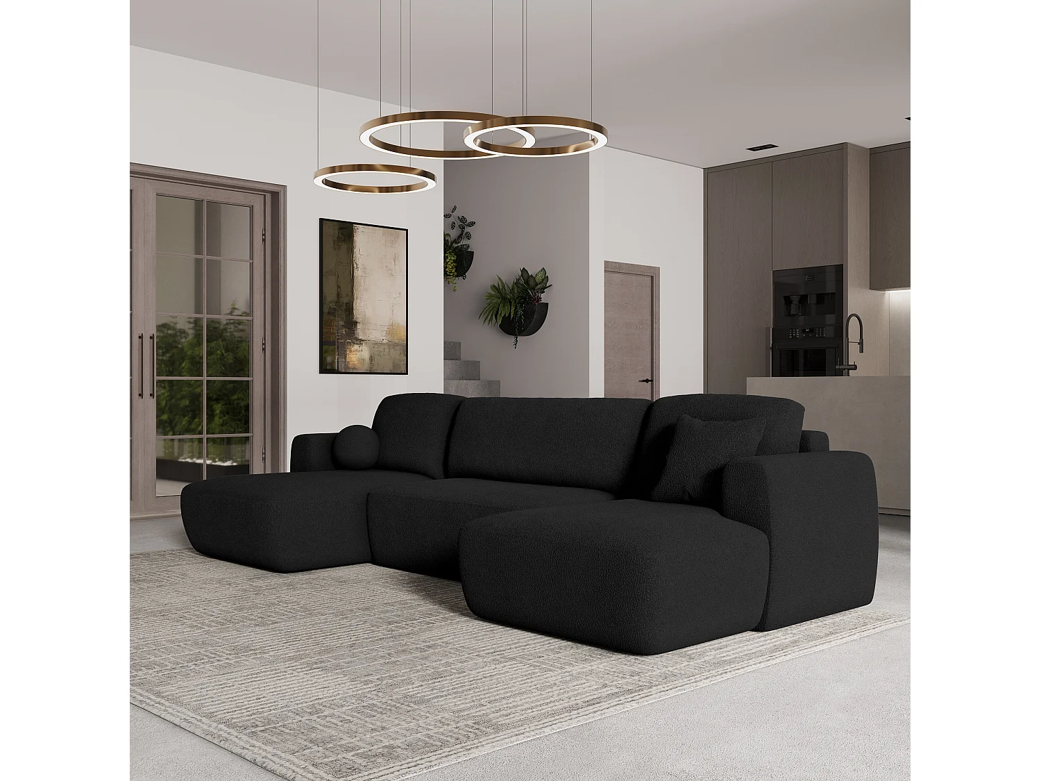 Canapé d'angle SENTUM Noir en bouclé avec fonction de couchage