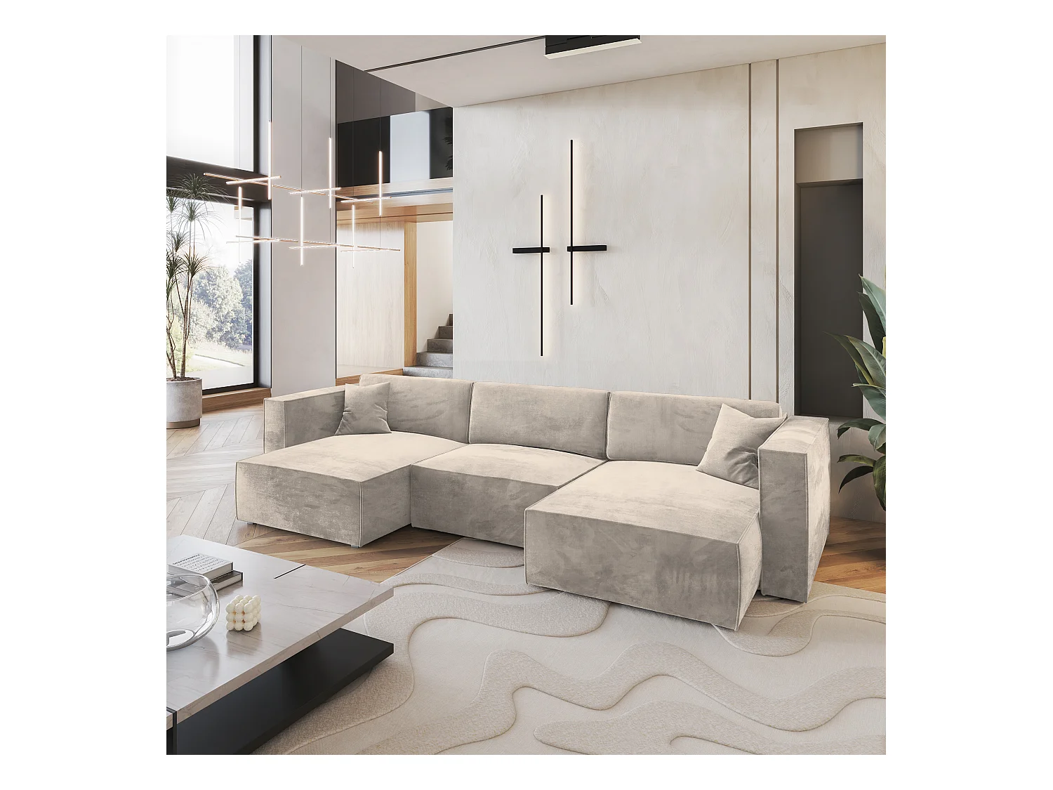 Canapé d'angle SARMO Crème en velours avec fonction de couchage