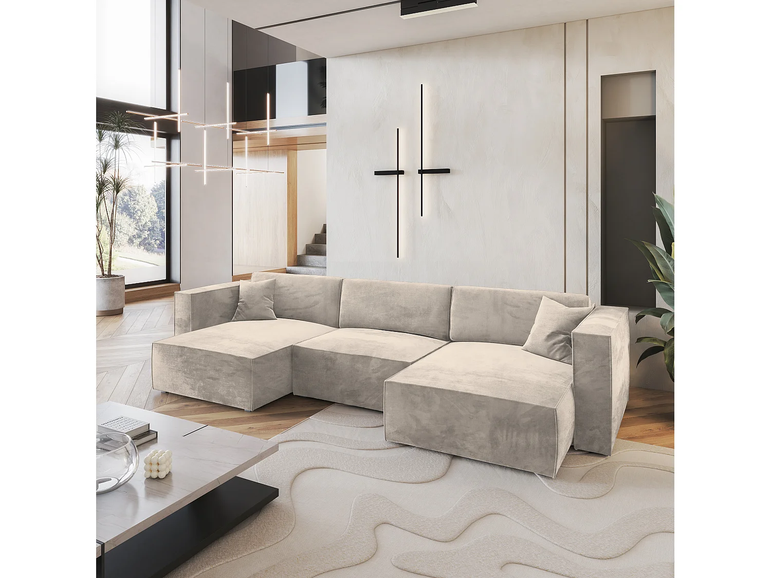 Canapé d'angle SARMO Crème en velours avec fonction de couchage