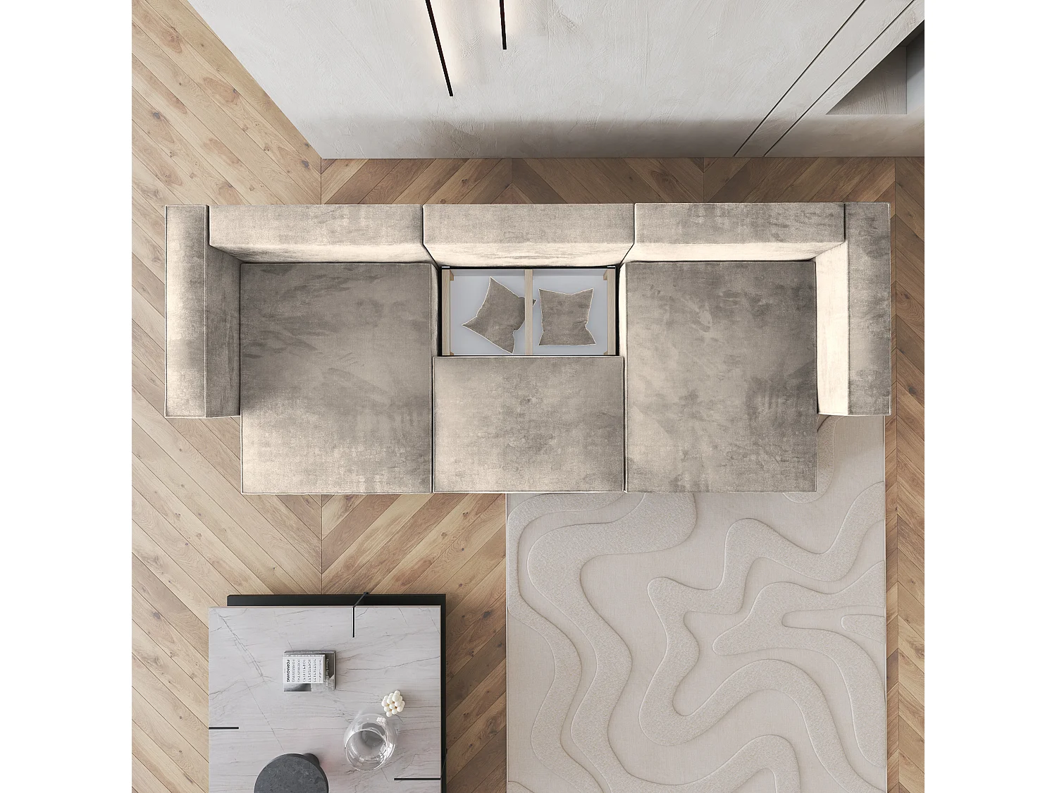 Canapé d'angle SARMO Crème en velours avec fonction de couchage